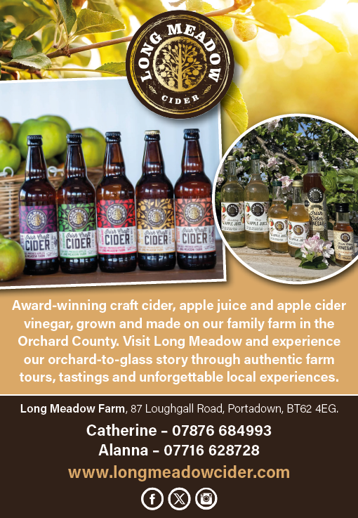 Bottles of Long Meadow craft cider and apple cider vinegar are displayed outdoors with apples and greenery, accompanied by text promoting the family farm and contact information. Description generated by AI