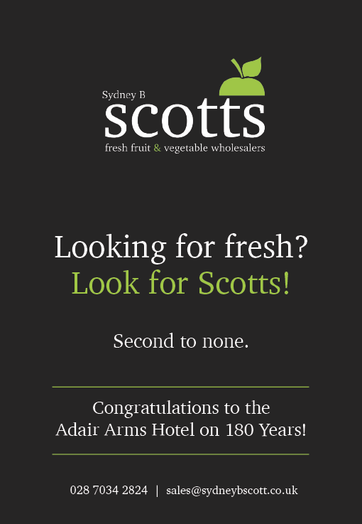 A black background advertisement for Sydney B Scotts fresh fruit and vegetable wholesalers congratulating the Adair Arms Hotel on 180 years and encouraging customers to look for Scotts. Description generated by AI