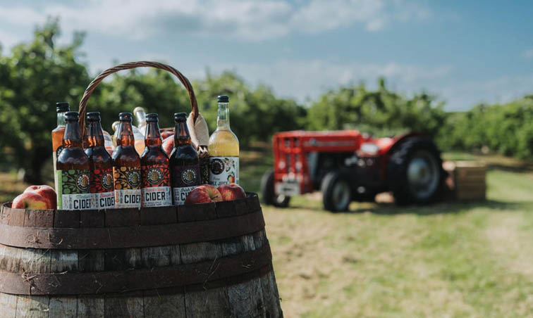 A wooden barrel outdoors holds a basket with several bottles of cider surrounded by apples, with a red tractor and greenery in the background. Description generated by AI