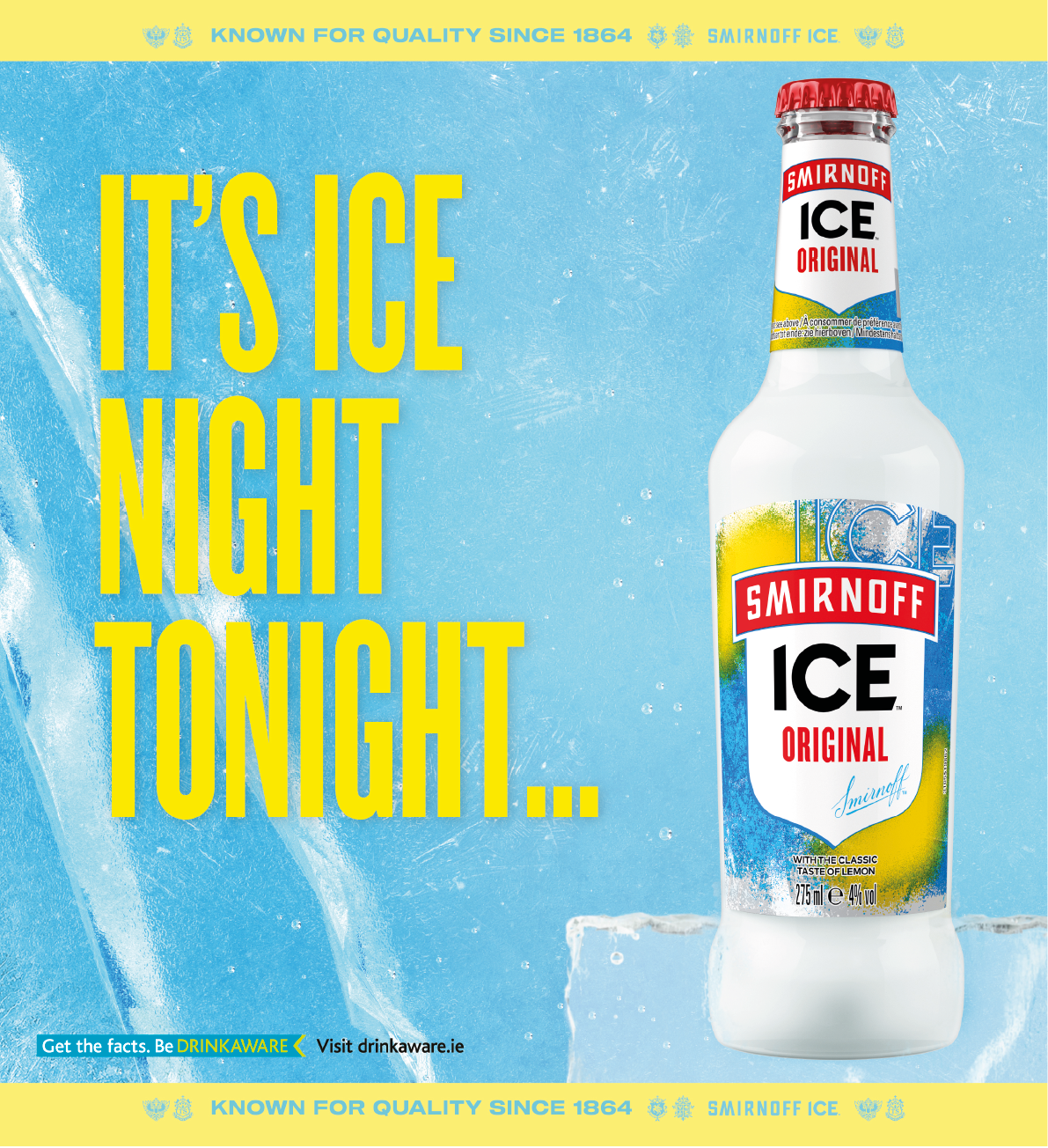 A bottle of Smirnoff Ice Original is shown next to ice cubes with the text “It's ice night tonight" in bold yellow letters on a blue icy background. Description generated by AI