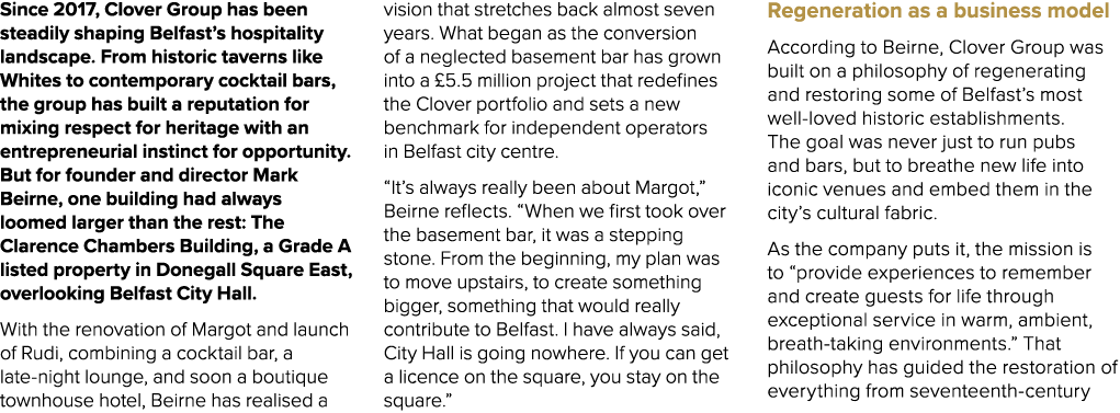 Since 2017, Clover Group has been steadily shaping Belfast’s hospitality landscape. From historic taverns like Whites...