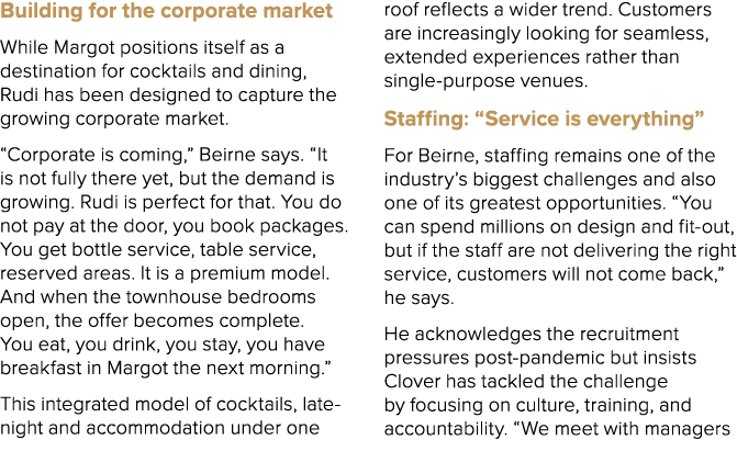 Building for the corporate market While Margot positions itself as a destination for cocktails and dining, Rudi has b...