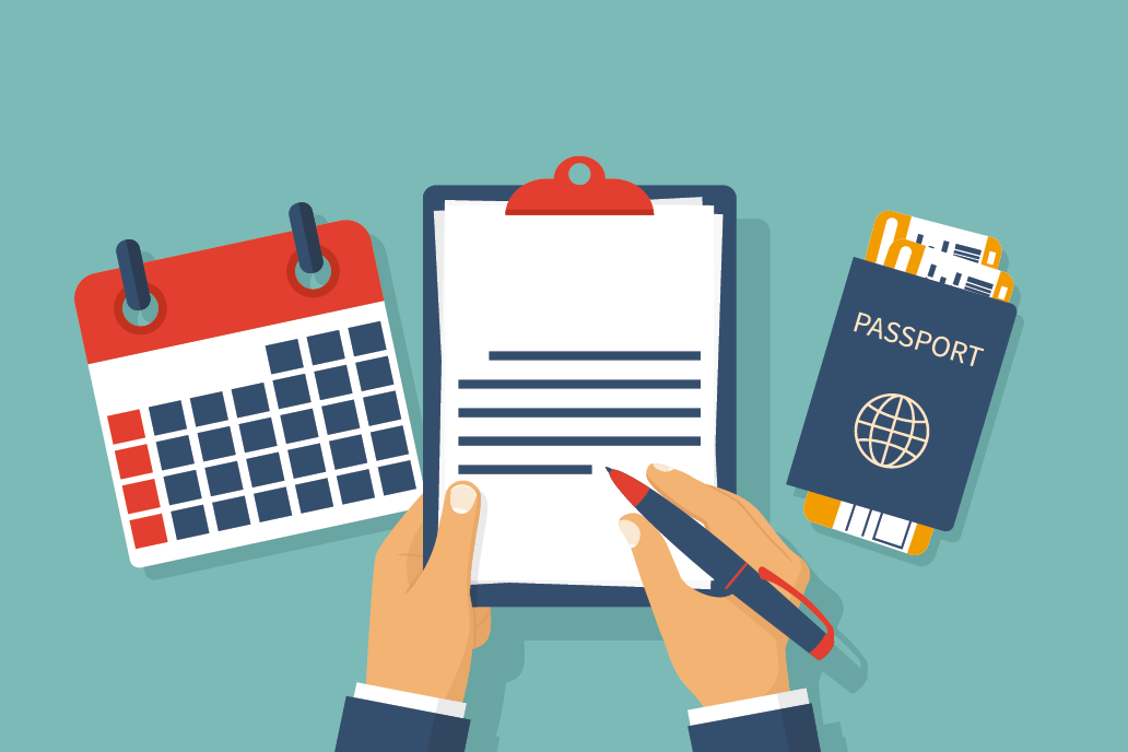 Annual leave. Holiday break enjoyment. Man at the desk writes in the clipboard. Calendar and passport with tickets for air travel. Vector illustration flat design. Isolated on background.