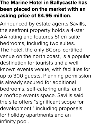 The Marine Hotel in Ballycastle has been placed on the market with an asking price of £4.95 million. Announced by est...