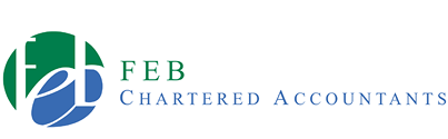 Logo featuring stylized green and blue letters with the text FEB Chartered Accountants in green and blue font. Description generated by AI