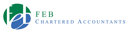 Logo featuring a green and blue circular design with the text “FEB Chartered Accountants" in green and blue letters. Description generated by AI