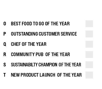 O,BEST FOOD TO GO OF THE YEAR,,P,OUTSTANDING CUSTOMER SERVICE,,Q,CHEF OF THE YEAR,,R,COMMUNITY PUB OF THE YEAR,,S,SUS...