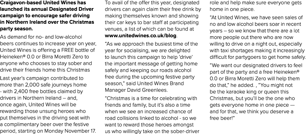 Craigavon based United Wines has launched its annual Designated Driver campaign to encourage safer driving in Norther...