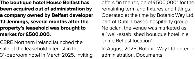 The boutique hotel House Belfast has been acquired out of administration by a company owned by Belfast developer TJ J...