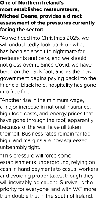 One of Northern Ireland’s most established restaurateurs, Michael Deane, provides a direct assessment of the pressure...