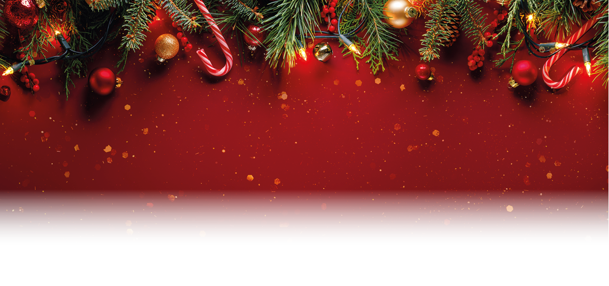 Fir branches with Christmas balls on glittering red background with winter holiday lights