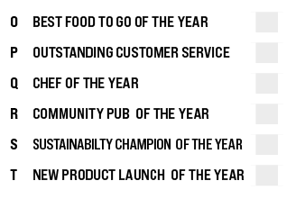 O,BEST FOOD TO GO OF THE YEAR,,P,OUTSTANDING CUSTOMER SERVICE,,Q,CHEF OF THE YEAR,,R,COMMUNITY PUB OF THE YEAR,,S,SUS...