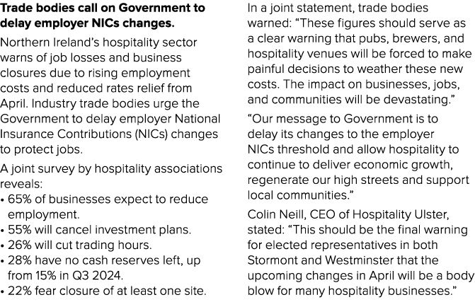 Trade bodies call on Government to delay employer NICs changes. Northern Ireland’s hospitality sector warns of job lo...