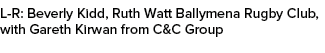 L R: Beverly Kidd, Ruth Watt Ballymena Rugby Club, with Gareth Kirwan from C&C Group