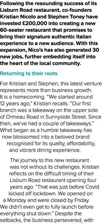 Following the resounding success of its Lisburn Road restaurant, co founders Kristian Nicolo and Stephen Toney have i...