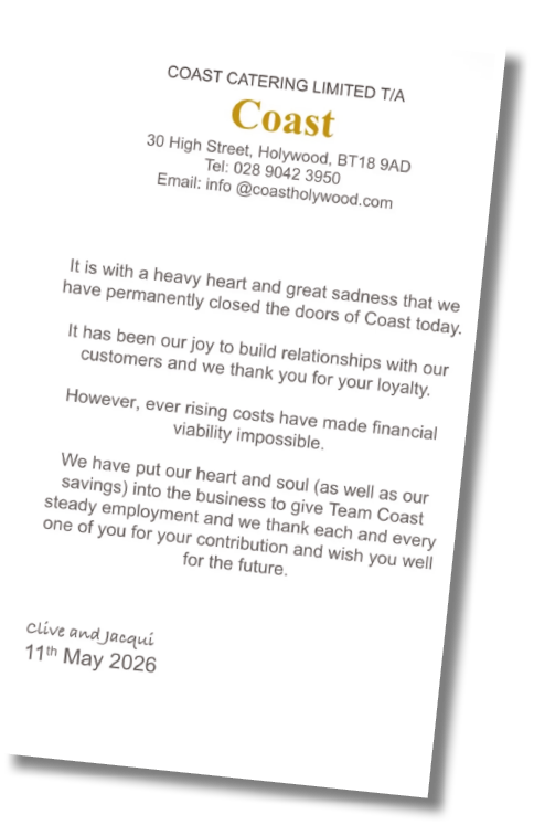 A letter from Coast Catering Limited. Description generated by AI