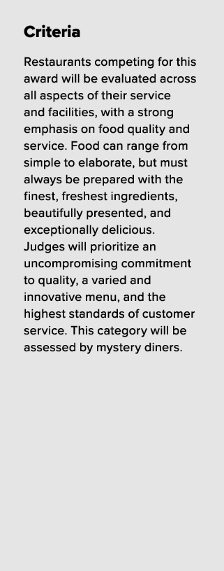 Criteria Restaurants competing for this award will be evaluated across all aspects of their service and facilities, w...