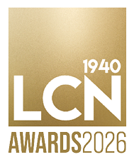 A gold and white logo for the 1940 LCN Awards. Description generated by AI