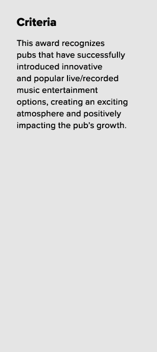 Criteria This award recognizes pubs that have successfully introduced innovative and popular live/recorded music ente...