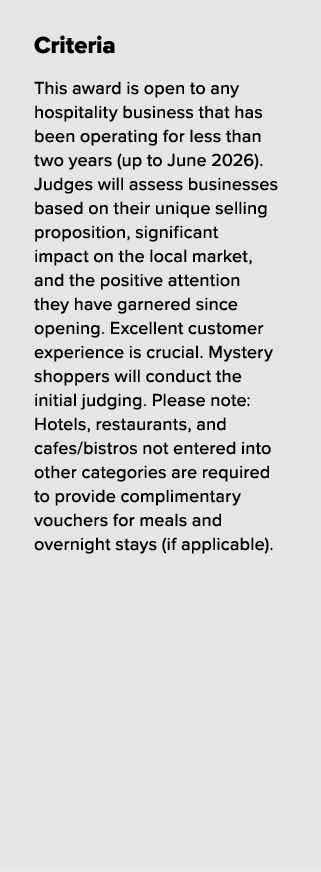 Criteria This award is open to any hospitality business that has been operating for less than two years (up to June 2...