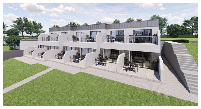 A large white building with a patio and balcony. Description generated by AI