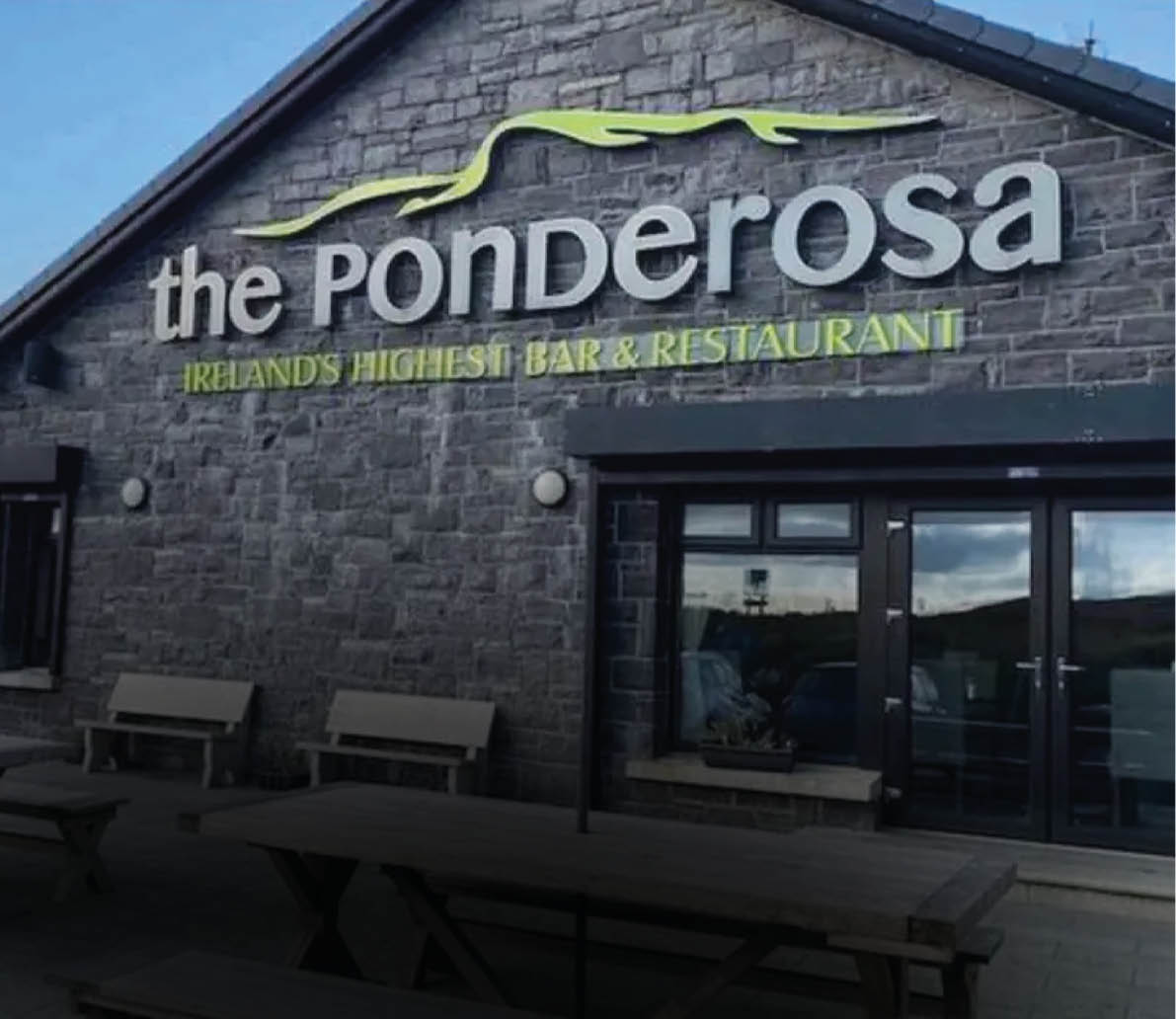 A restaurant with a sign that says “The Ponderosa". Description generated by AI