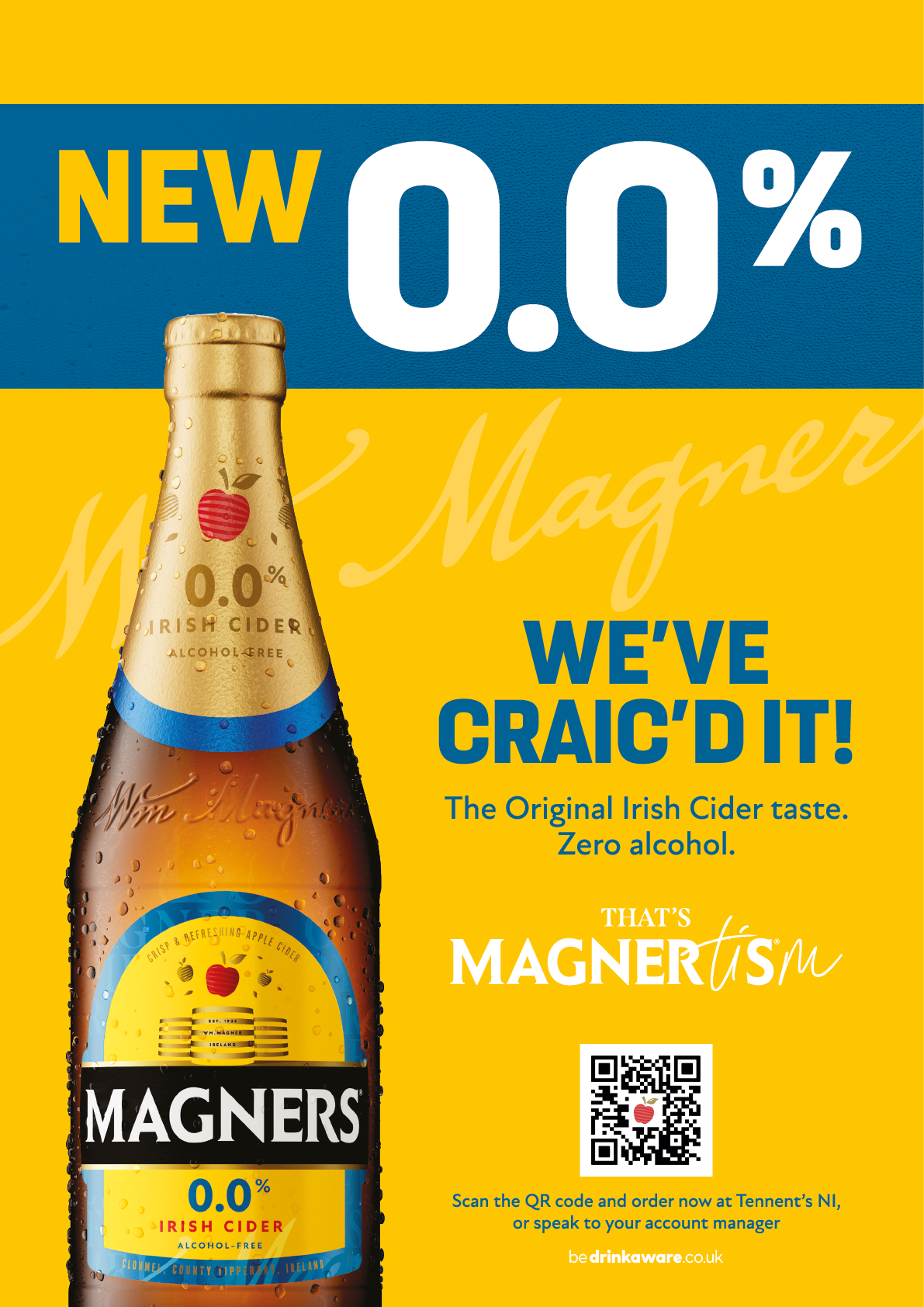 A bottle of Magner's beer with a yellow background. Description generated by AI