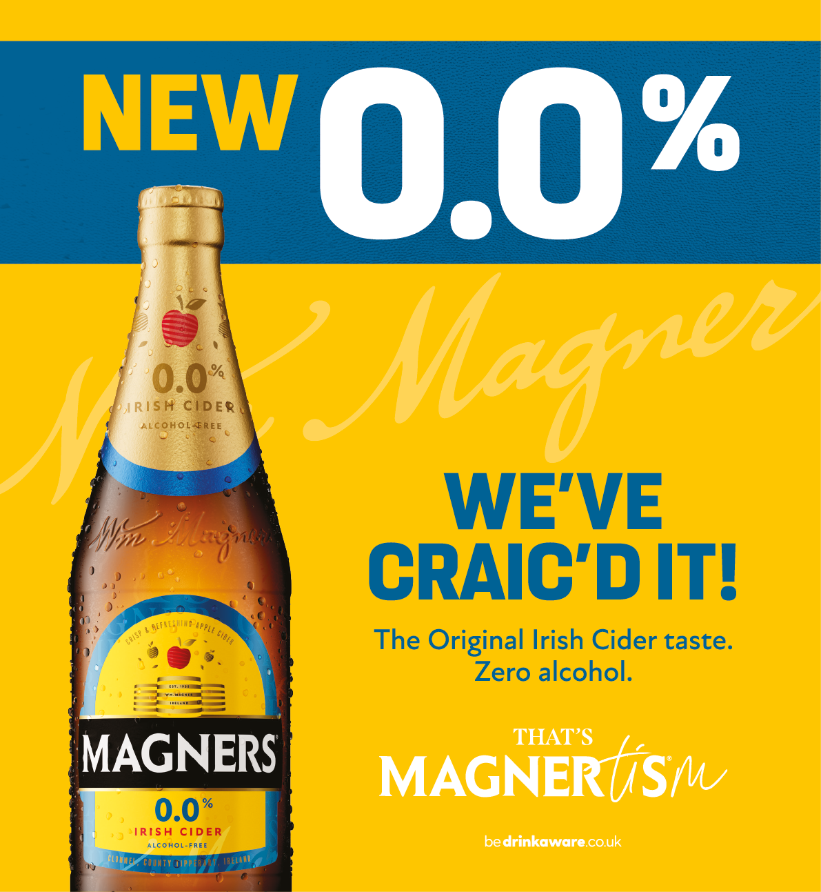 A bottle of Magner's Irish Cider with a 0% alcohol content. Description generated by AI