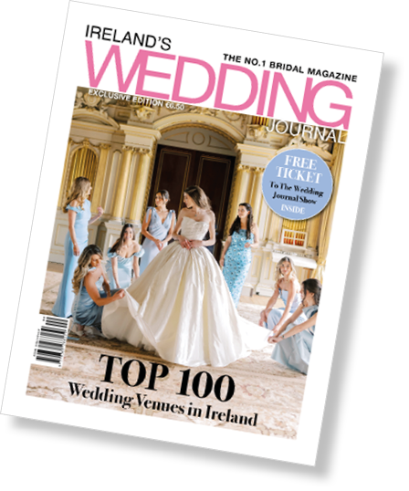 The cover of a magazine with a bride and bridesmaids. Description generated by AI
