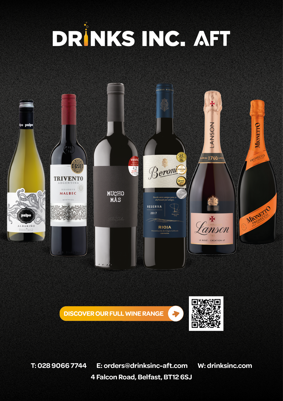 A poster advertising drinks with a variety of bottles. Description generated by AI