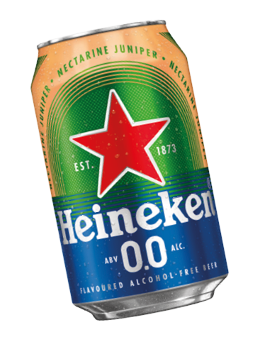 A can of beer with a green and orange label. Description generated by AI