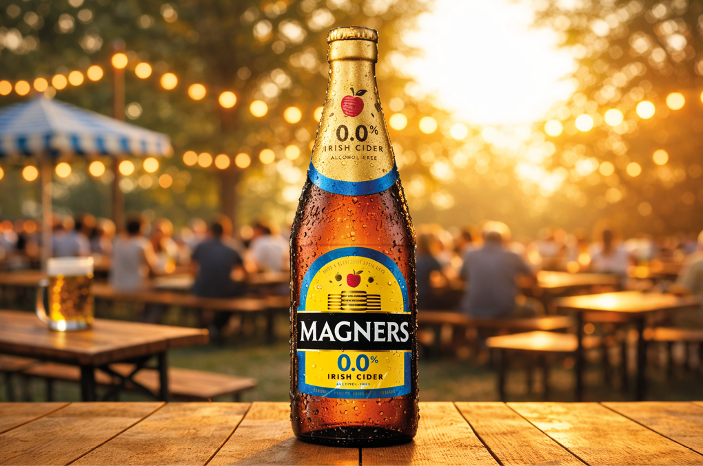 A bottle of Magners beer on a wooden table. Description generated by AI