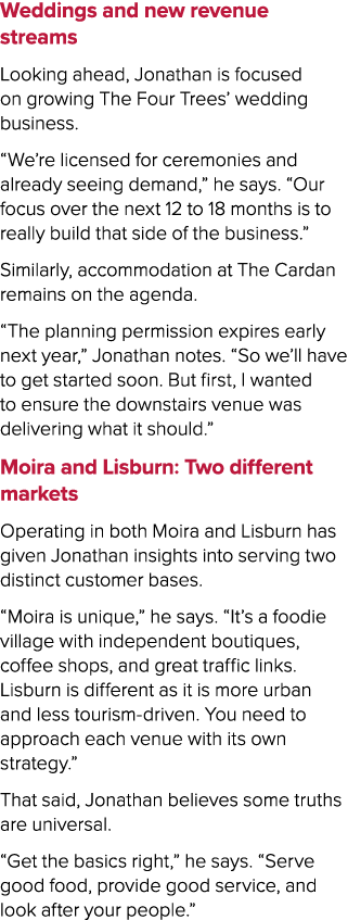 Weddings and new revenue streams Looking ahead, Jonathan is focused on growing The Four Trees’ wedding business. “We’...