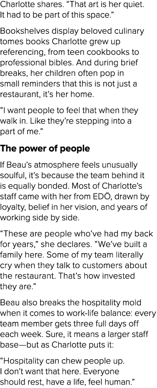 Charlotte shares. “That art is her quiet. It had to be part of this space.” Bookshelves display beloved culinary tome...