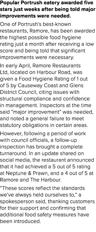 Popular Portrush eatery awarded five stars just weeks after being told major improvements were needed. One of Portrus...