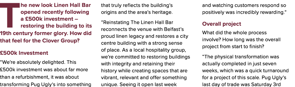 The new look Linen Hall Bar opened recently following a £500k investment – restoring the building to its 19th century...