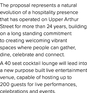 The proposal represents a natural evolution of a hospitality presence that has operated on Upper Arthur Street for mo...