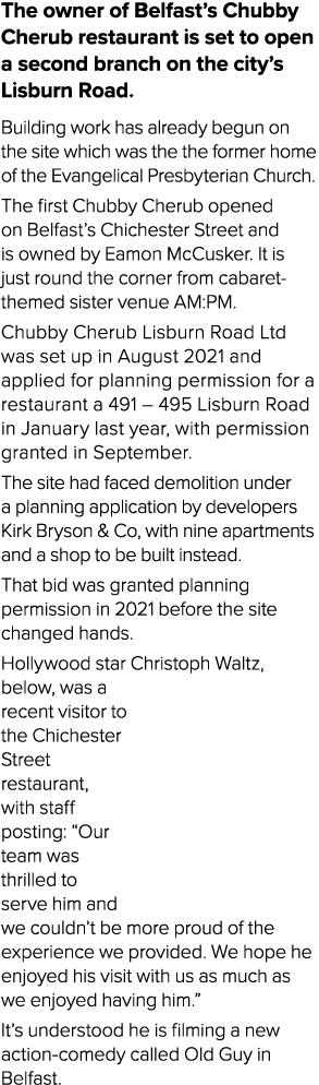 The owner of Belfast’s Chubby Cherub restaurant is set to open a second branch on the city’s Lisburn Road. Building w...