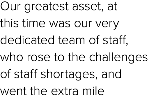 Our greatest asset, at this time was our very dedicated team of staff, who rose to the challenges of staff shortages,...