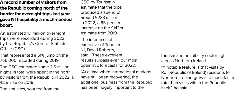 A record number of visitors from the Republic coming north of the border for overnight trips last year gave NI hospit...