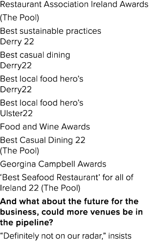 Restaurant Association Ireland Awards (The Pool) Best sustainable practices Derry 22 Best casual dining Derry22 Best ...