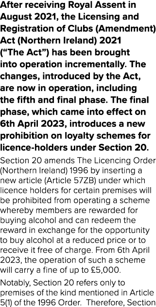 After receiving Royal Assent in August 2021, the Licensing and Registration of Clubs (Amendment) Act (Northern Irelan...
