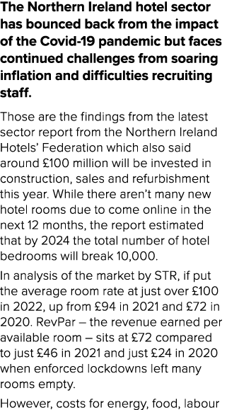 The Northern Ireland hotel sector has bounced back from the impact of the Covid 19 pandemic but faces continued chall...