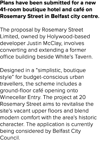 Plans have been submitted for a new 41 room boutique hotel and caf on Rosemary Street in Belfast city centre. The pr...