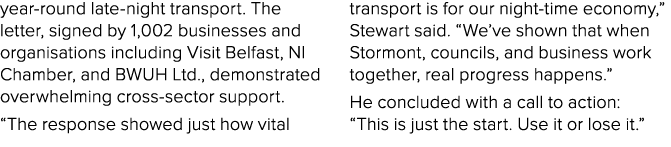 year round late night transport. The letter, signed by 1,002 businesses and organisations including Visit Belfast, NI...