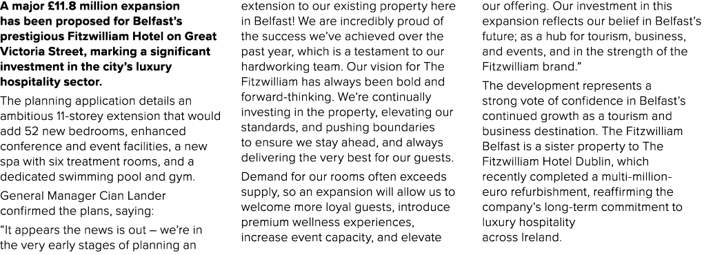 A major £11.8 million expansion has been proposed for Belfast’s prestigious Fitzwilliam Hotel on Great Victoria Stree...