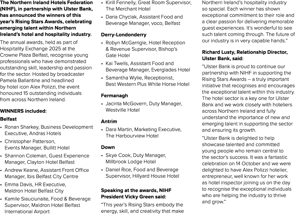 The Northern Ireland Hotels Federation (NIHF), in partnership with Ulster Bank, has announced the winners of this yea...