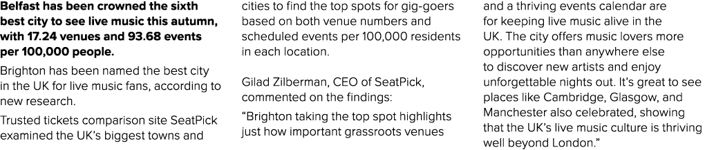 Belfast has been crowned the sixth best city to see live music this autumn, with 17.24 venues and 93.68 events per 10...