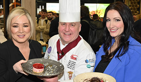 Recipe for Success at IFEX: Thousands attend food, drink, retail, foodservice and hospitality event at TEC Belfast.   First Minister, Michelle O’Neill, and deputy First Minister, Emma Little Pengelly, attended Day Two of the event, and are pictured with Sean Owens, Salon Culinaire Director, IFEX.   IFEX runs until 4pm on Thursday 7th March and visitors can register at www.IFEXexhibition.co.uk   Photo by Simon Graham