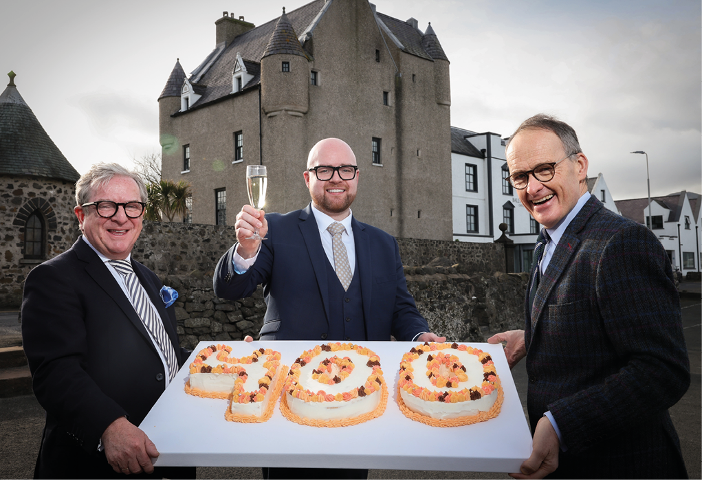 Press Eye - Belfast - Northern Ireland - 4th March 2025  Picture by  Darren Kidd / PressEye   BALLYGALLY CASTLE CELEBRATES 400 YEARS WITH £400,000 INVESTMENT… Scott Weatherup (center), General Manager of Ballygally Castle is joined by Hastings Hotels’ Managing Director, James McGinn and Chairman, Howard Hastings as the leading hotel celebrates 400 years. As part of the festivities, the property is due to complete a £400,00 investment programme later this month ahead of a programme of events and festivities which are set to take place throughout 2025.  